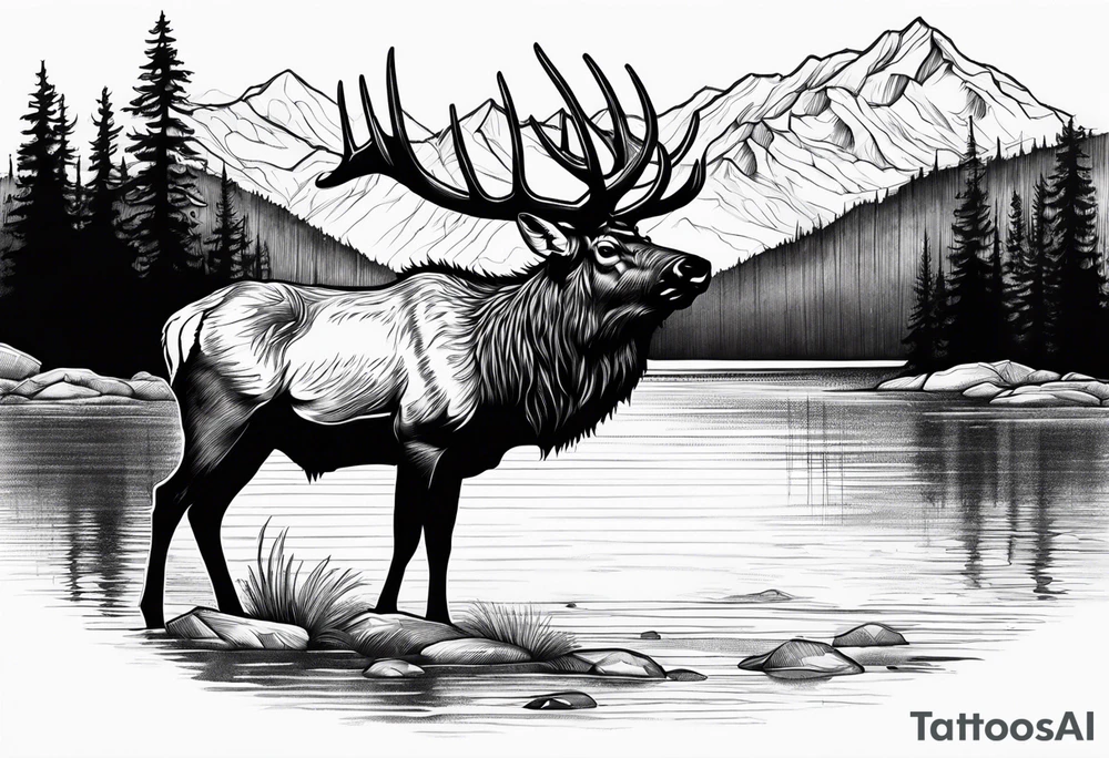 elk with mountains and lake tattoo idea