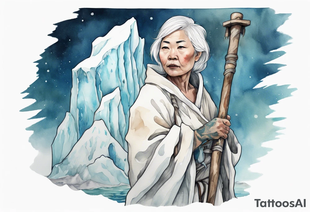 a 40 year old Inuit woman with white hair and a white robe holding a white hiking stick, standing on an iceberg tattoo idea