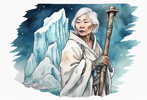 a 40 year old Inuit woman with white hair and a white robe holding a white hiking stick, standing on an iceberg tattoo idea
