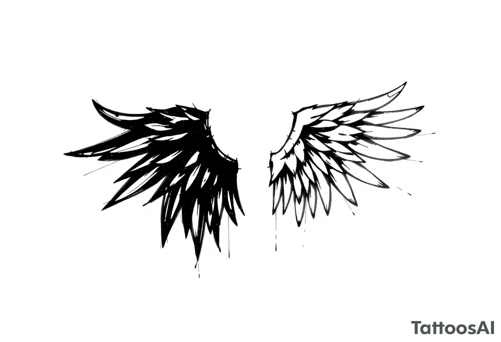 This tattoo design features a pair of asymmetrical angel wings drawn in black ink with a rough, sketch-like style. The left wing is darker, more defined, and appears denser, while the right wing is lighter, more delicate, and fragmented, creating a contrast between the two. The feathers are sharp and irregular, with fine lines and stray strokes extending outward, adding a raw and artistic feel. The overall look is dynamic and slightly chaotic, giving the impression of movement or an unfinished, ethereal form. This design symbolizes duality, freedom, transformation, or even struggle, making it a meaningful and visually striking tattoo. tattoo idea