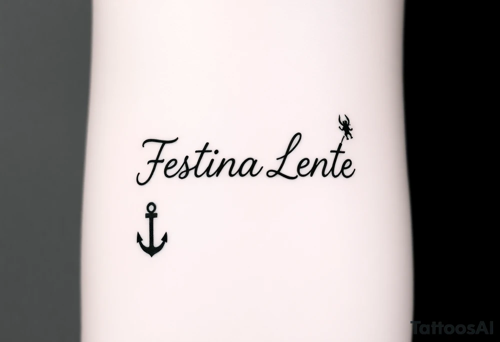 A small, minimal conceptual tattoo for the inner arm.
The phrase “Festina Lente” is not written traditionally; instead, the entire text is formed subtly from a single thin rope.
At the lower end of the rope, a small anchor is attached and appears embedded into the skin, symbolizing patience and stability.
At the opposite end, the rope is being pulled by a very small, minimal, symbolic devil silhouette representing haste.
The rope naturally twists and curves to form the letters of “Festina Lente”, so that at first glance it looks like an abstract rope composition, but upon closer inspection the text becomes readable.
Highly refined, modern calligraphic flow created by the rope itself, elegant and understated.
Black ink only, ultra-fine line work, minimal shading, strong use of negative space, contemporary 2026 tattoo style.
No traditional tattoo elements, no bold outlines, no old-school style, no decorative ornaments.
Clean, intelligent, subtle storytelling tattoo suitable for a small inner-arm placement. tattoo idea