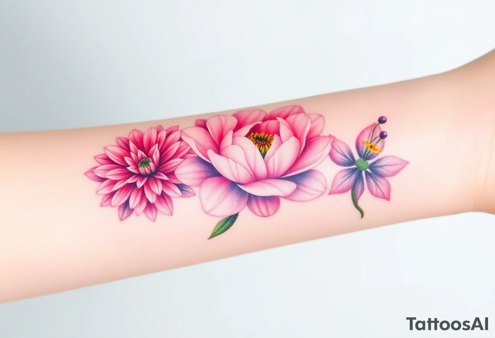 Three separate flowers. Chrysanthemum, peony, and larkspur. tattoo idea