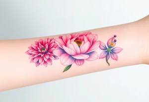 Three separate flowers. Chrysanthemum, peony, and larkspur. tattoo idea