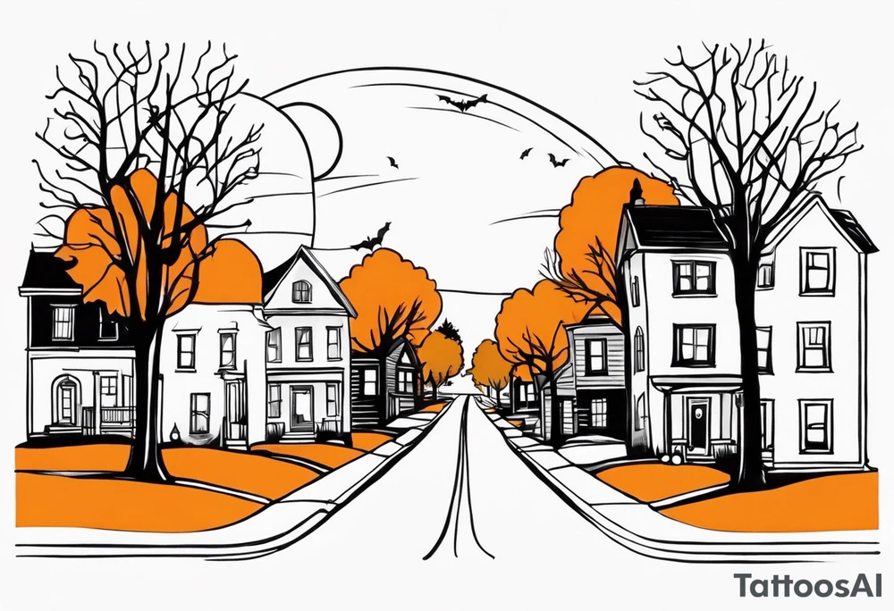 Midwestern street in fall with Halloween pumpkin tattoo idea