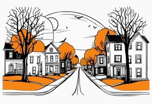 Midwestern street in fall with Halloween pumpkin tattoo idea