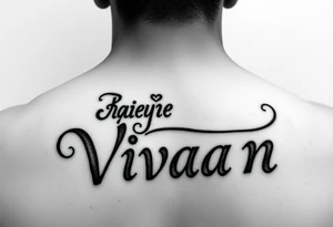 Merge Rajeev and Vivaan names together on top of each other so that one side reads as Rajeev  and another side as vivaan tattoo idea