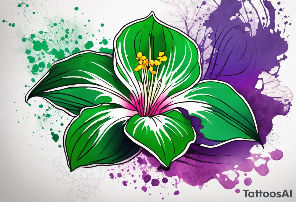 An outline of an only green rio dipladenia flower and a green and purple watercolor splash in the background tattoo idea