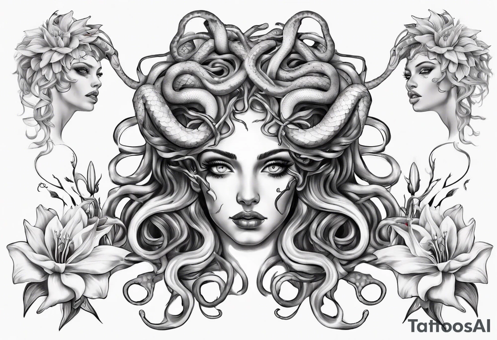 Medusa with white pupils and snake hair. Lilies tattoo idea