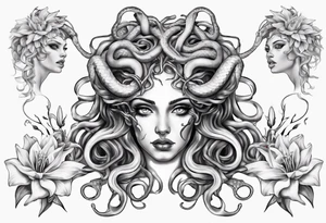 Medusa with white pupils and snake hair. Lilies tattoo idea