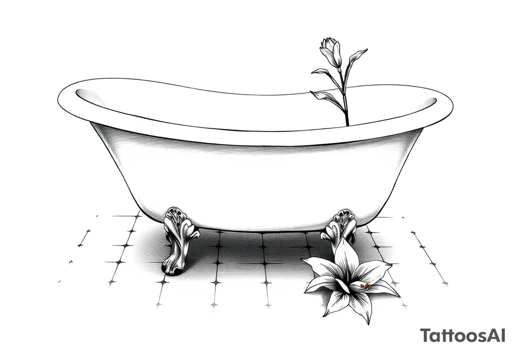 Clawfoot bathtub with lily coming up from tile floor tattoo idea
