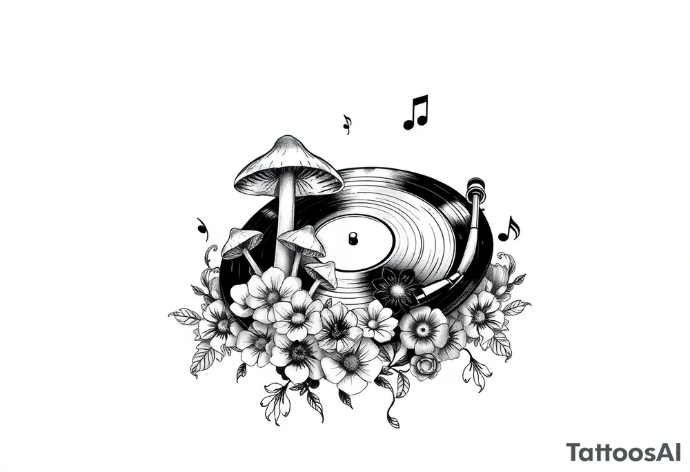 vinyl record player with mushrooms, flowers, and music notes around it tattoo idea