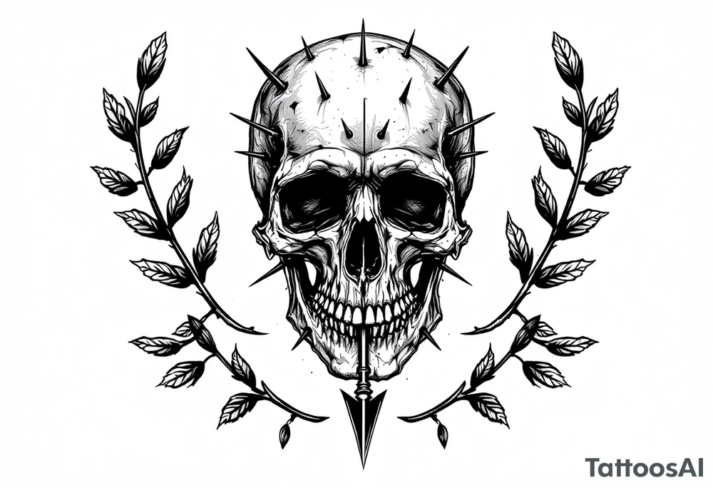 a sad skull whose head  stand out by needles and under the head come down an  arrow and surrounded  by two olive tree leaf around tattoo idea