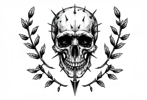 a sad skull whose head  stand out by needles and under the head come down an  arrow and surrounded  by two olive tree leaf around tattoo idea