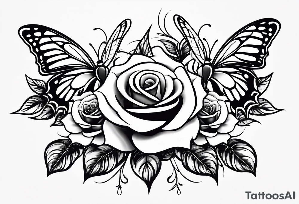 Roses on a vine, thorns, butterfly wings in the center tattoo idea