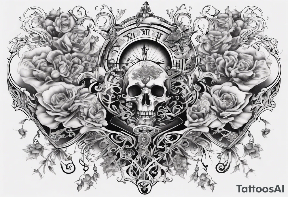 lots of filagree on the chest going onto the shoulder.  include an hour glass tattoo idea