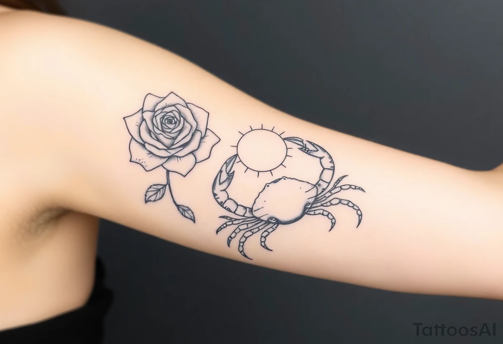 Rose and sun and crab tattoo idea