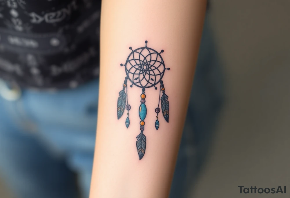 native dreamcatcher with flowing feathers and sacred beads tattoo idea