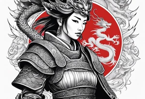 head to toe full body female warrior in samurai suit and dragon companion tattoo idea
