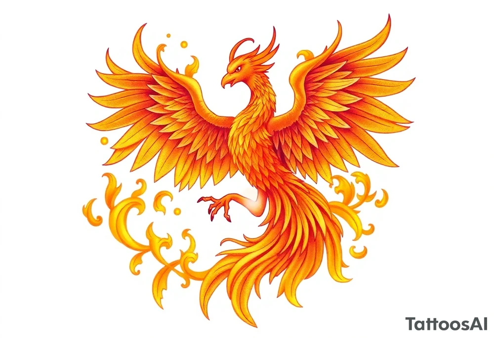 magnificent phoenix rising from golden flames with trailing embers tattoo idea