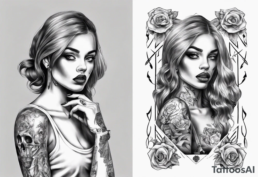 sexy body of a girl holding a poster in her hands with long nails tattoo idea