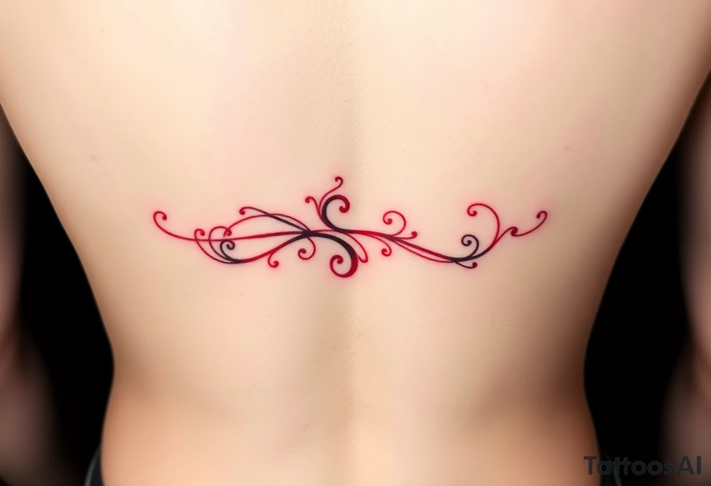 “-... .-. .- . .- .-.. ....... -.. .- .-- --- --- -.. .......” with dainty girly swirl design in red ink on female hip bone/lower stomach tattoo idea