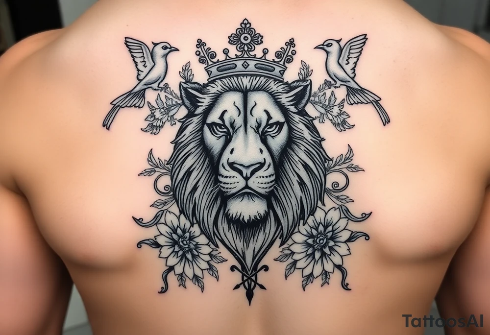 powerful majestic lion with a crown, surrounded by floral ornaments and birds tattoo idea