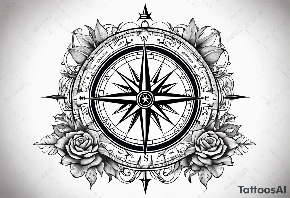 Compass rose with Europe in the background, anchor and space for a geo tag tattoo idea