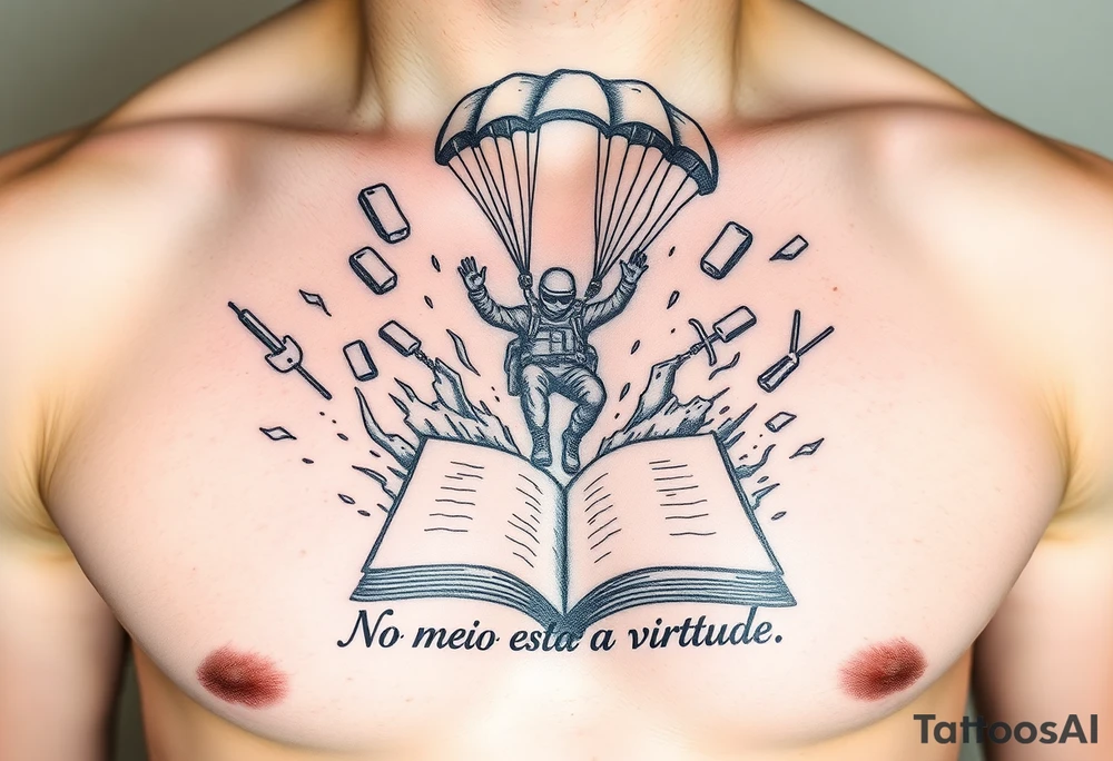 A parachuting soldier landing into an open book. Chaos surrounding, but the book is protecting the soldier from it. On the chest. Make it smaller. Make it thought provoking. "No meio esta a virtude" underneath the book. Make the chaos in the environment be a windstorm tattoo idea