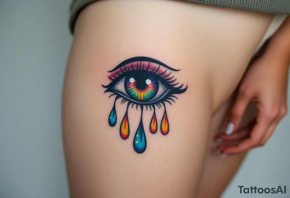 eye with rainbow tear drops tattoo idea