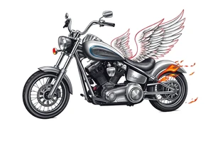 Low rider grey motorcycle, big muffler pipes with flames, angel wings, driving away, no person tattoo idea