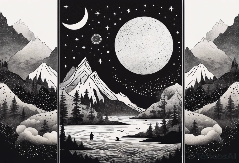 nature with mountains, waterfall, water, and a father and son in the background and and moon/sun in the sky with stars tattoo idea