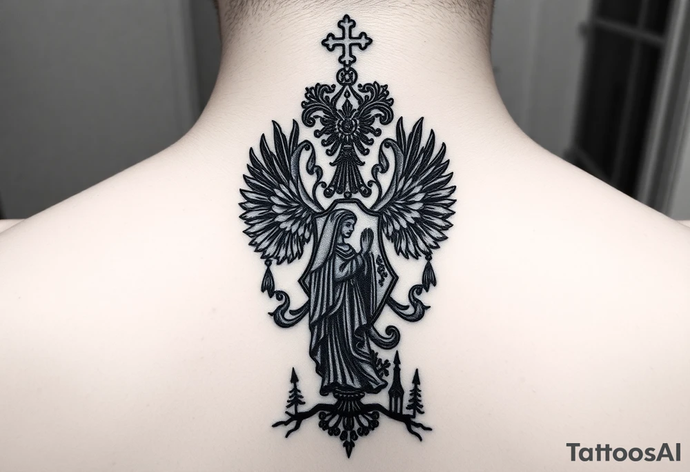 Traditional authentic Russian coat of arms with a Christian orthodox virgin marry in the middle and silhouette in a Russian wilderness Christian orthodoxy dome church village setting tattoo idea