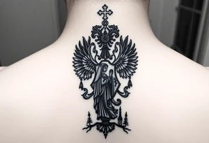 Traditional authentic Russian coat of arms with a Christian orthodox virgin marry in the middle and silhouette in a Russian wilderness Christian orthodoxy dome church village setting tattoo idea