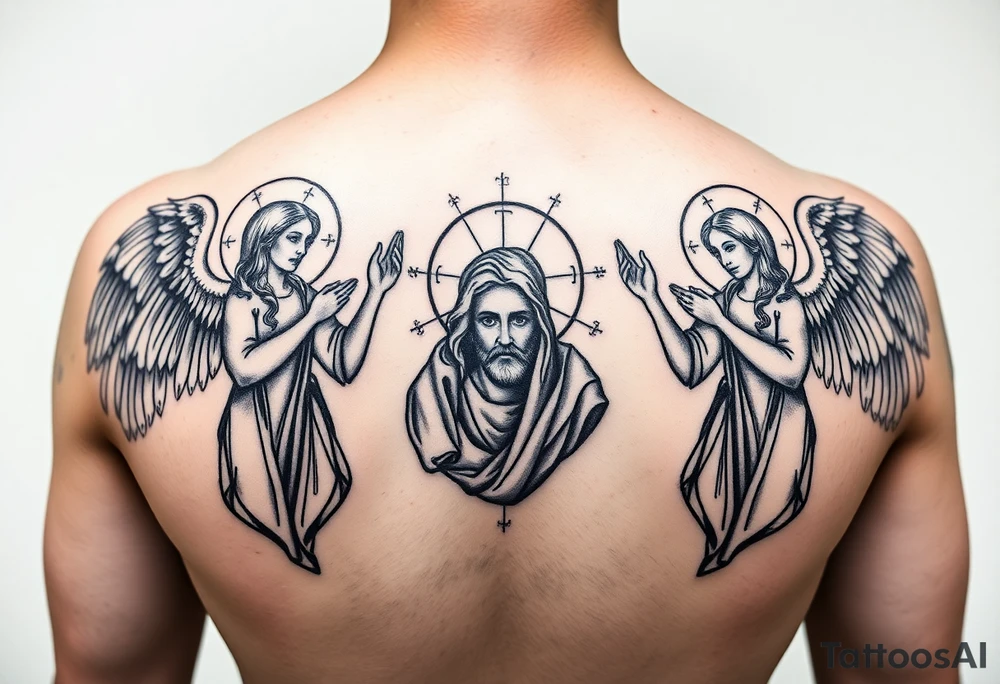 russian orthodox symmetrical guardian angel icon on left and right side of back with both angels holding up a jesus potrait tattoo idea
