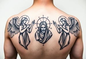 russian orthodox symmetrical guardian angel icon on left and right side of back with both angels holding up a jesus potrait tattoo idea