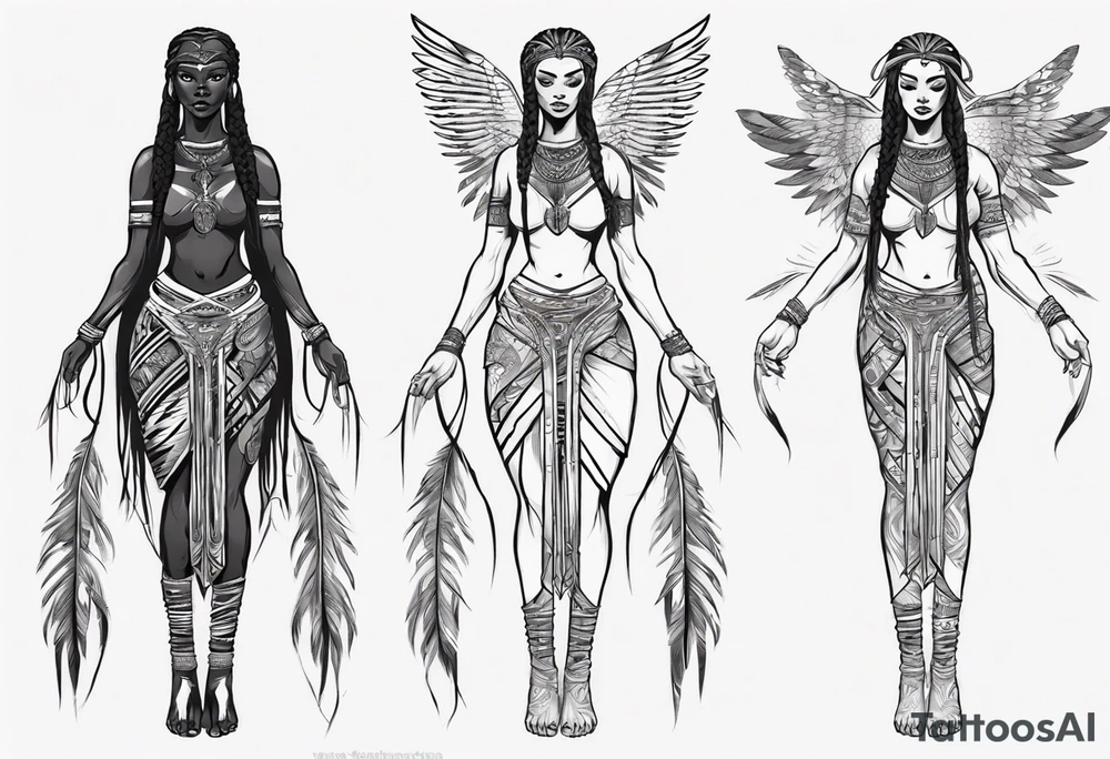 African female valkyre full body angelic
slim face long braided hair descending tattoo idea