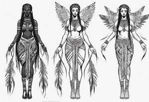 African female valkyre full body angelic
slim face long braided hair descending tattoo idea