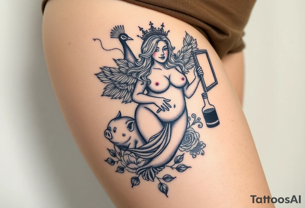 Storm clouds seven deadly sins and sexy naked fat woman, peacock, money ,pig , cigerette, cake, liquor bottle , sex, mirror tattoo idea