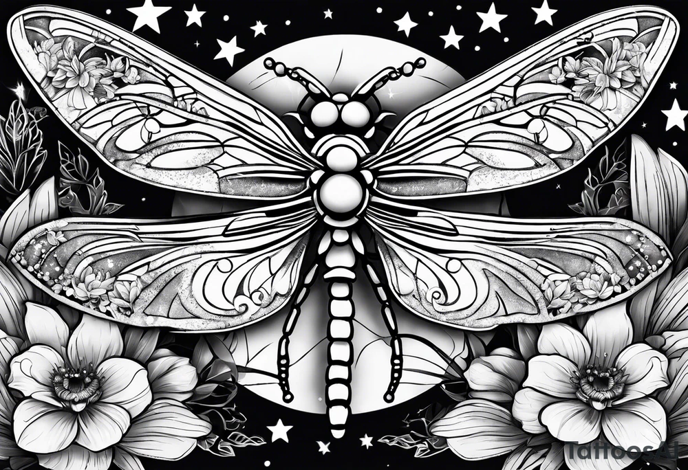 sun and moon together, dragonfly, something that covers the upper part of the arm, with some flowers and stars tattoo idea
