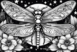 sun and moon together, dragonfly, something that covers the upper part of the arm, with some flowers and stars tattoo idea
