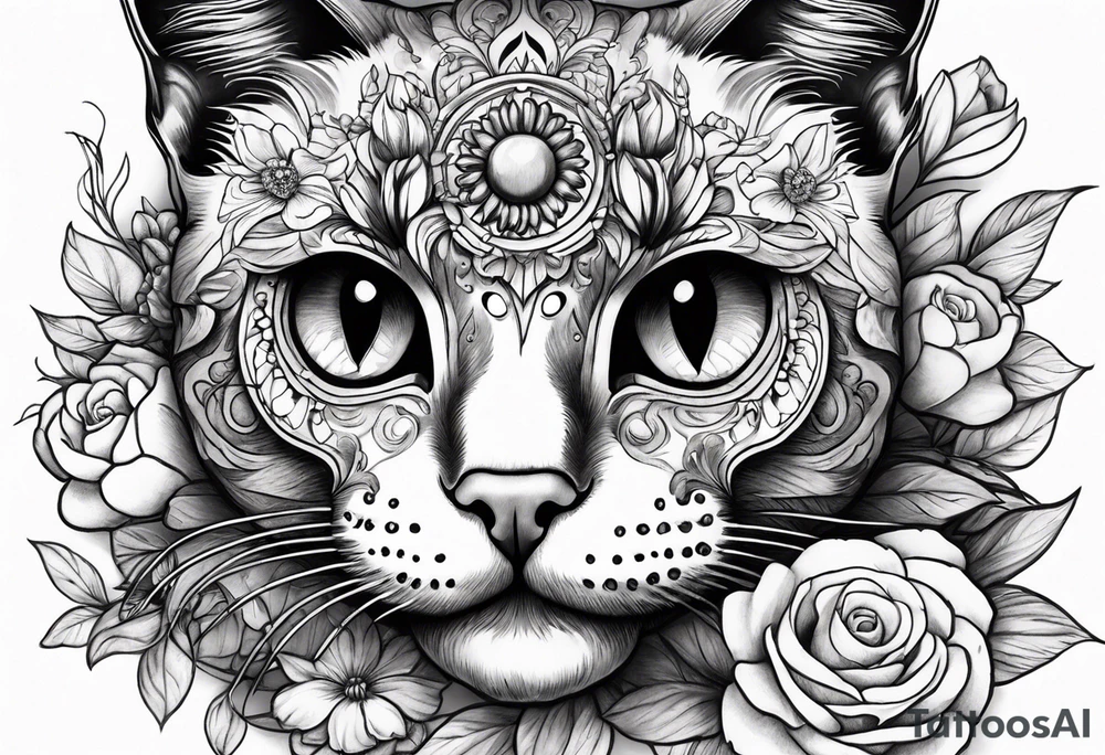 Cat skull with flowers coming out of eye holes tattoo idea