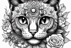 Cat skull with flowers coming out of eye holes tattoo idea
