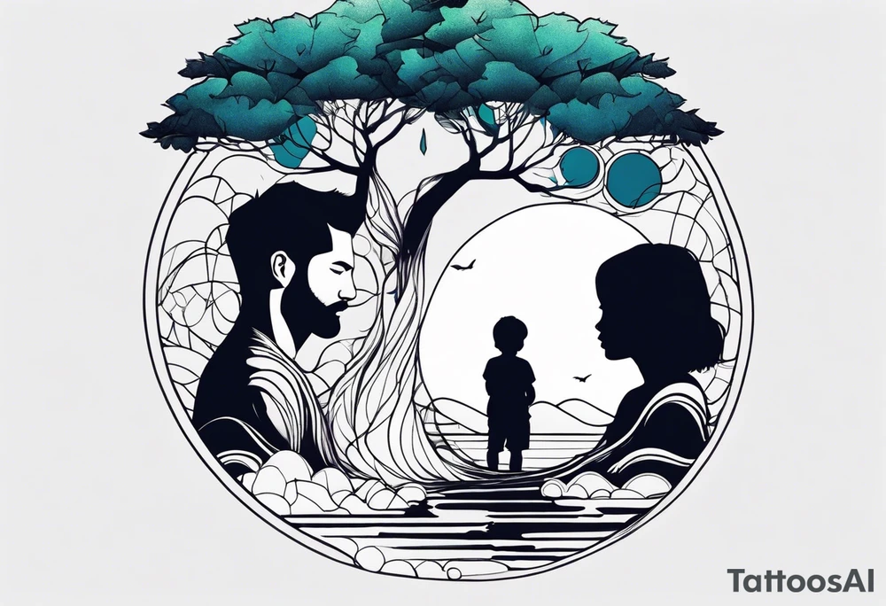 Father daughter younger son tattoo in front of water and tree tattoo idea