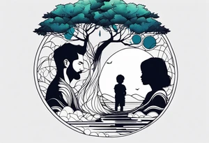 Father daughter younger son tattoo in front of water and tree tattoo idea