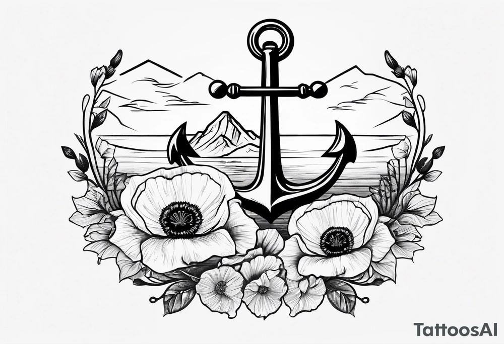 small anchor with two poppy flowers intertwined and mountains behind it tattoo idea