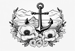 small anchor with two poppy flowers intertwined and mountains behind it tattoo idea