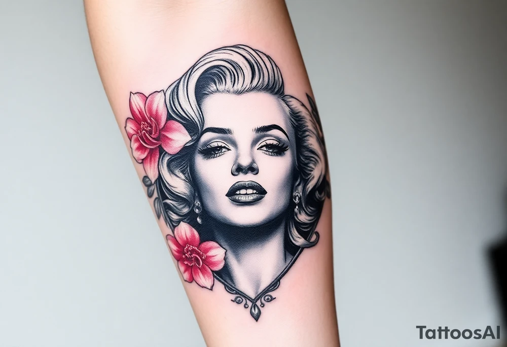 A romantic Marilyn Monroe portrait in soft grayscale, framed by delicate pink peonies and silver filigree. tattoo idea