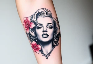 A romantic Marilyn Monroe portrait in soft grayscale, framed by delicate pink peonies and silver filigree. tattoo idea