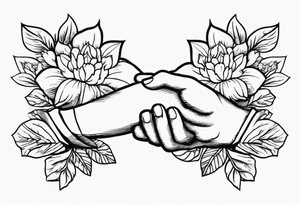 two 
hands praying with flowers simple bold tradional old school style bold colors tattoo idea