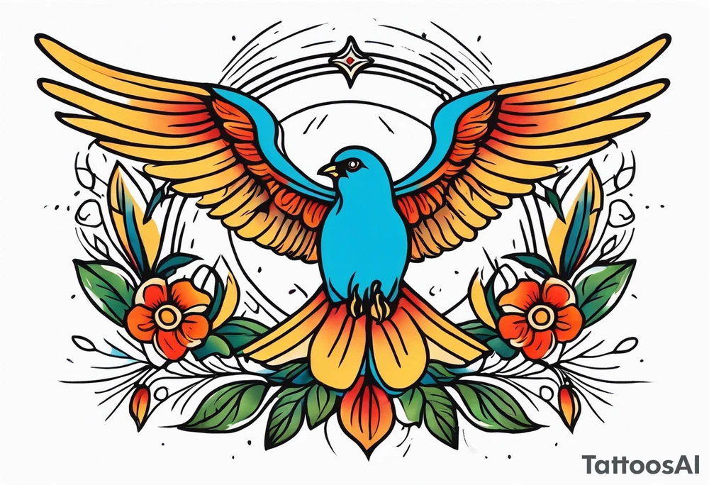 holy spirit

old school vintage simple traditional design with vintage flowers surrounding
bold color simple tattoo idea